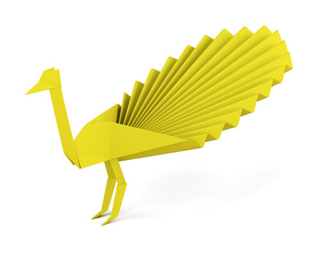 Fototapeta Origami peacock made of paper isolated on white background. Yellow paper peacock. Side view. 3d rendering