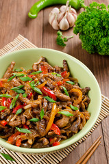 Stir fry pork, sweet peppers, onions and garlic