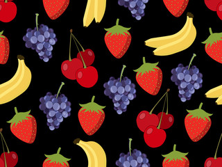 Set of seamless pattern with fruit. Pattern of bananas, cherries, strawberries and grapes. Vector background.
