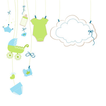 Baby newborn hanging baby girl symbols card illustration