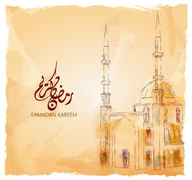 Illustration of Ramadan kareem and Ramadane mubarak. beautiful watercolor of Mosque  and arabic islamic calligraphy.traditional greeting card wishes holy month moubarak and karim for muslim and arabic