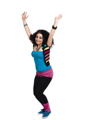 happy young woman with hands raised.