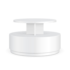 White Round POS POI Cardboard Floor Display Rack For Supermarket Blank Empty Displays With Shelves Products On White Background Isolated. Ready For Your Design. Product Packing. Vector EPS10