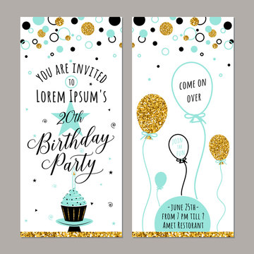 Vector illustration of birthday invitation. Face and back sides. Party background with cupcake, ballon, gold sparkles. Golden elements poster. Vertical banner