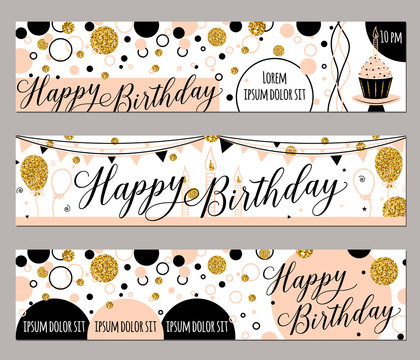 Vector illustration of happy birthday cards. Fashion background with cupcake, balloon, gold sparkles. Golden elements poster. Horizontal banners