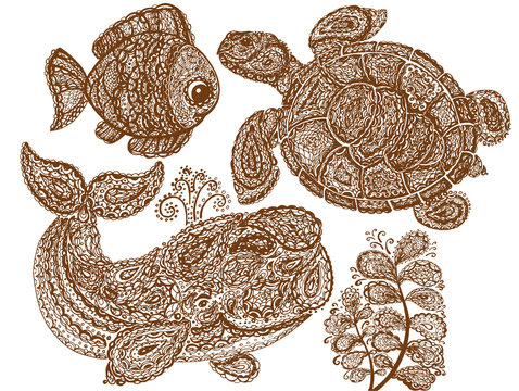 Sea turtle, whale, water plant and fish in paisley style.