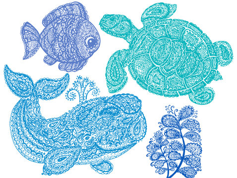Sea turtle, whale, water plant and fish in paisley style.
