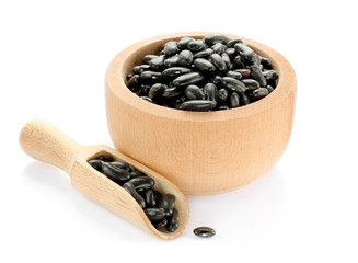 Black beans in wooden bowl