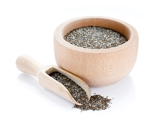 Chia seeds in wooden bowl with scoop