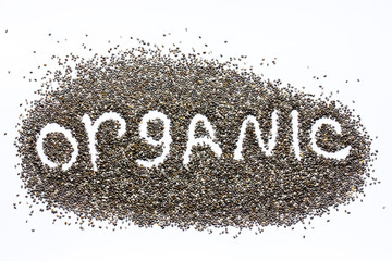 Organic word on chia seeds