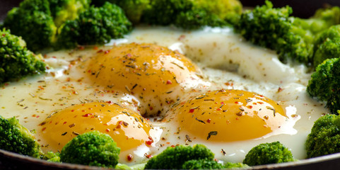 Broccoli and eggs cooked with spices in a pan