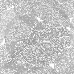 Croton leaf illustration in paisley style. Codiaeum plant. Jungle tropical tree. Nature drawing. Wallpaper seamless textile pattern. Gray color.