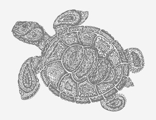Fototapeta premium Sea turtle illustration in paisley mehndi style. The tortoise reptile animal. Tattoo style tortoise-shell. Turtle in doodle style. Gray color.