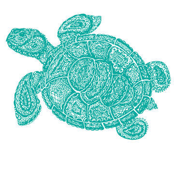 Sea turtle illustration in paisley mehndi style. The tortoise reptile animal. Tattoo style tortoise-shell. Turtle in decorative doodle style.