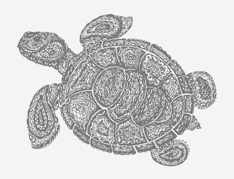 Sea turtle illustration in paisley mehndi style. The tortoise reptile animal. Tattoo style tortoise-shell. Turtle in doodle style. Gray color.