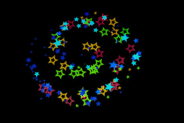 colorful stars on dark background.