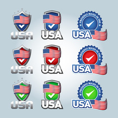 USA checkmark shield. USA and made in USA icons. Set of vector icons, labels, logos. Isolated vector illustrations.