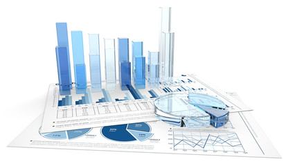 Blue Graphs and Charts. 3D render of financial documents with graphs and pie charts of glass.