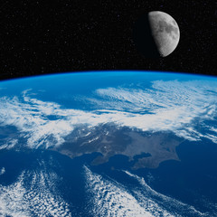 Japan (Tokyo area) from space with the Moon. Includes NASA data.
