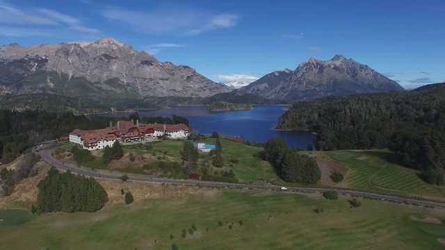 View from copter to the Villa Llao Llao, Lake Nahuel Huapi, Bariloche, Argentina