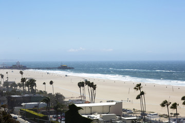 Amusement Park on the Pacific ocean, the beach landscape. The ocean, beach and blue sky in USA, Santa Monica. 