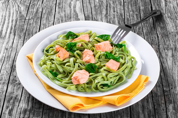 Salmon and Spinach Fettuccine pasta on white dishes
