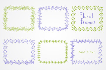 Vector set of floral hand drawn rectangular frames.