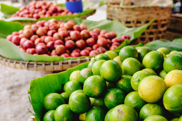 Close-up detial of colorful limes on Asian market