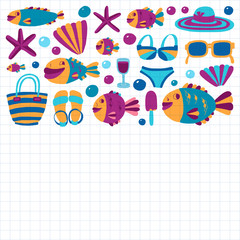 Vector flat hand drawn icons Beach and tropical vacation