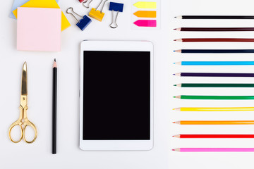 Tablet, drawing tools and stationery