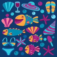 Vector flat hand drawn icons Beach and tropical vacation