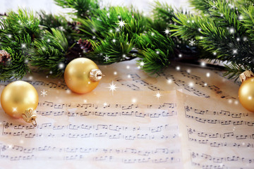 Fototapeta na wymiar Christmas decorations on music sheets with snow effect