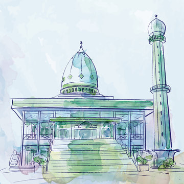 Islamic design vector mosque watercolor brush sktech