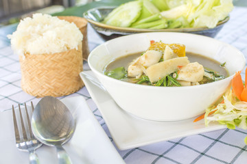 Laos curry  (Thai call Kaeng Nor Mai Sai Biyanang or Kaeng Lao or Tom Prer) baby bamboo pumpkin and mixed vegetable Shoot Soup the traditional delicious Northeastern Style Thai food.