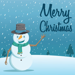 Happy Snowman With Smile And Say Merry Christmas With Snow Background