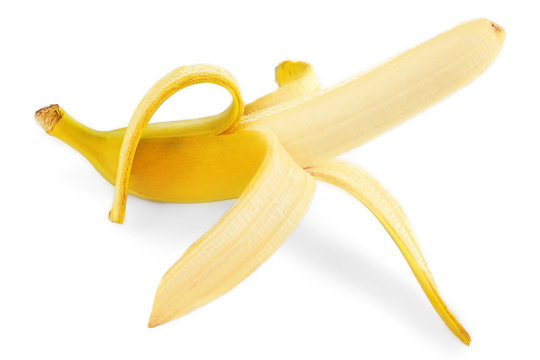 Half peeled banana, isolated on white