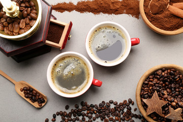 Still life of aromatic coffee on table, top view