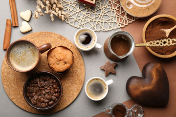 Still life of aromatic coffee on table, top view