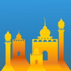 Yellow Mosque in Paper Style with Two Minarets and Five Domes Vector Illustration for Islamic Moments Like Ramadan and Eid