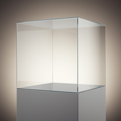 Empty glass cube on podium. 3d rendering