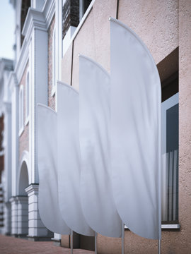 Four white vertical wind banners on the street. 3d rendering