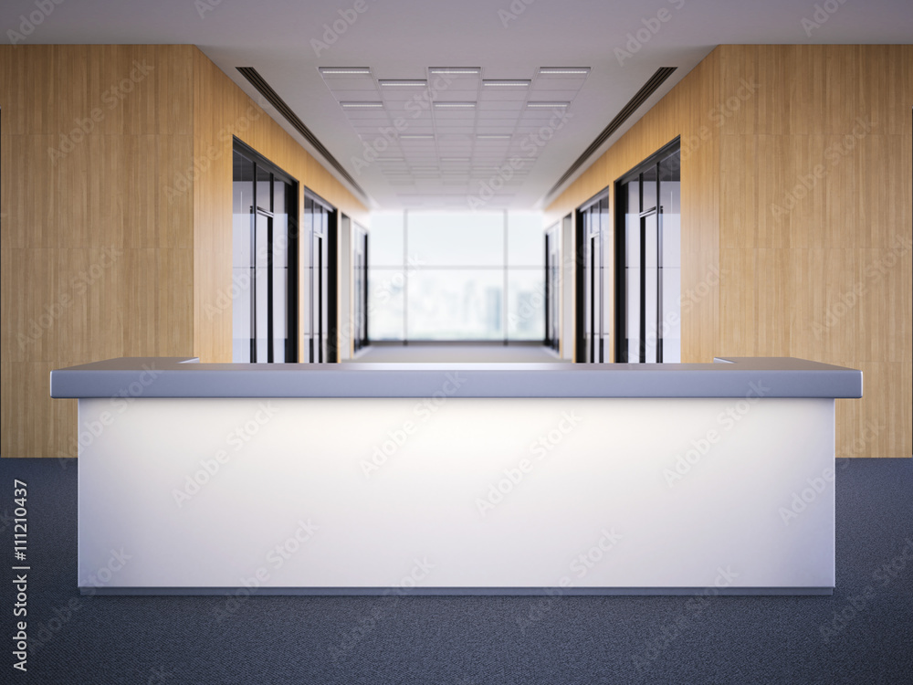 Poster office lobby with a reception desk. 3d rendering