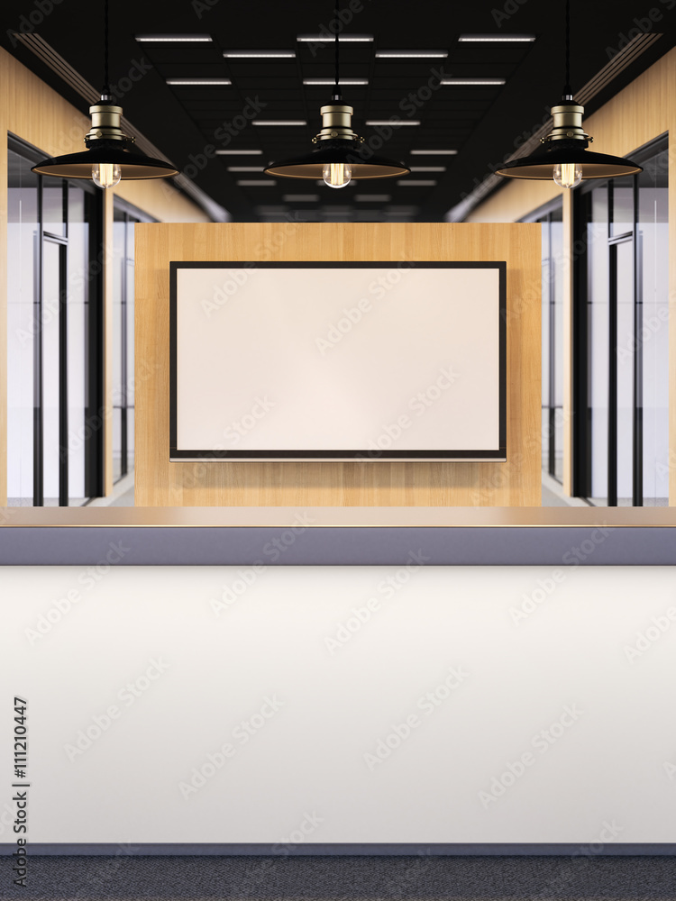 Poster office lobby with a reception desk and tv. 3d rendering