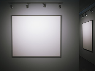 Dark gallery with blank posters. 3d rendering