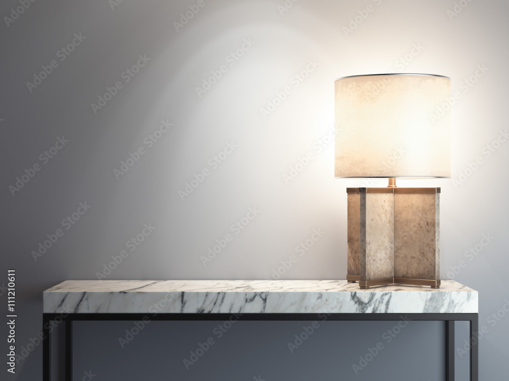 Poster marble table with bright lamp. 3d rendering