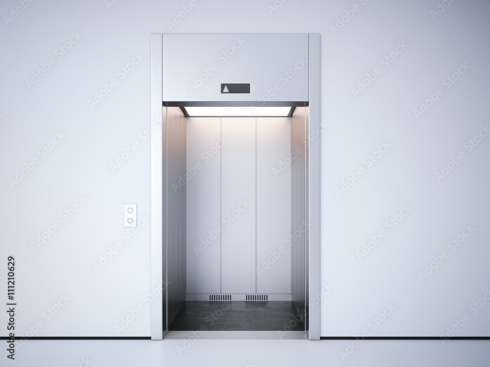 Poster modern elevator with opened doors. 3d rendering