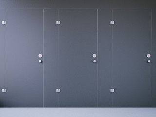 Closed public toilet cubicles with dark doors. 3d rendering