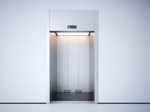 Modern elevator with opened doors. 3d rendering
