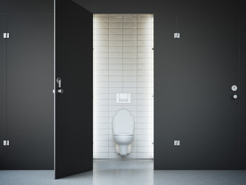 Opened public toilet cubicle with dark door. 3d rendering
