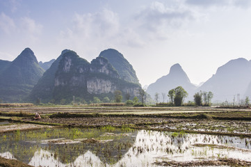 The beautiful karst mountains and rural scenery in spring
